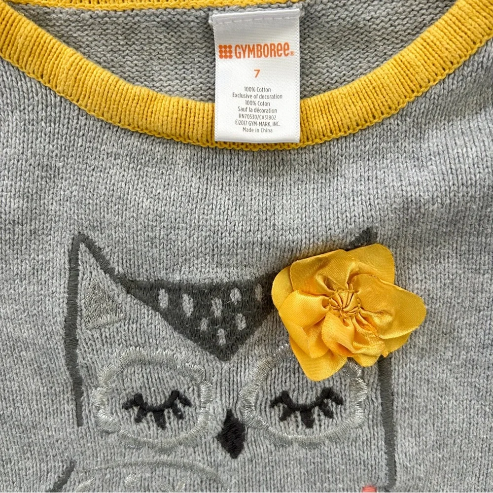 Gymboree Girls Dress Gray/Yellow Knit Cotton Owl Sweater Size 7 Spring